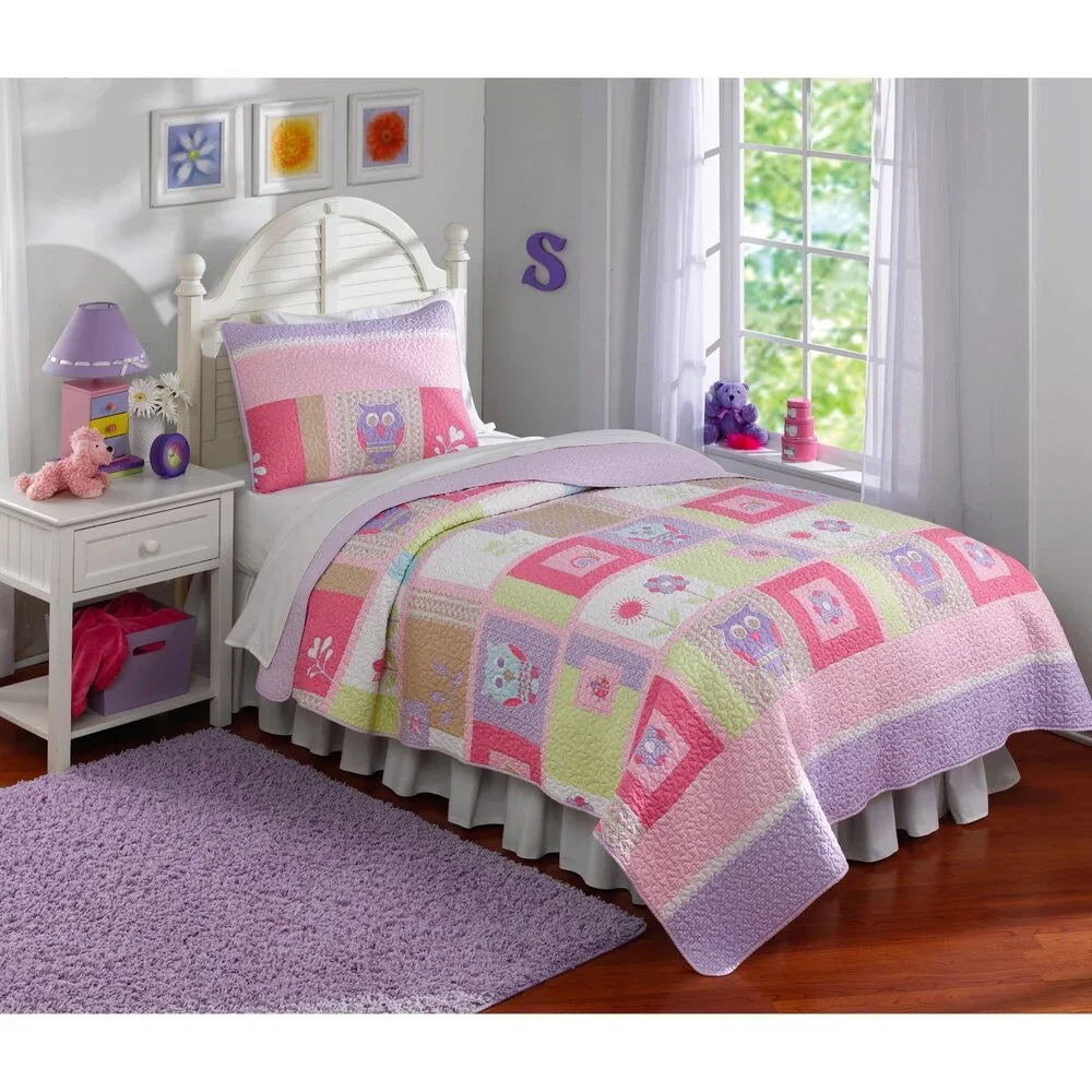 Happy Owls Quilt Set Full Queen Pink Purple Floral Cottage Bedding